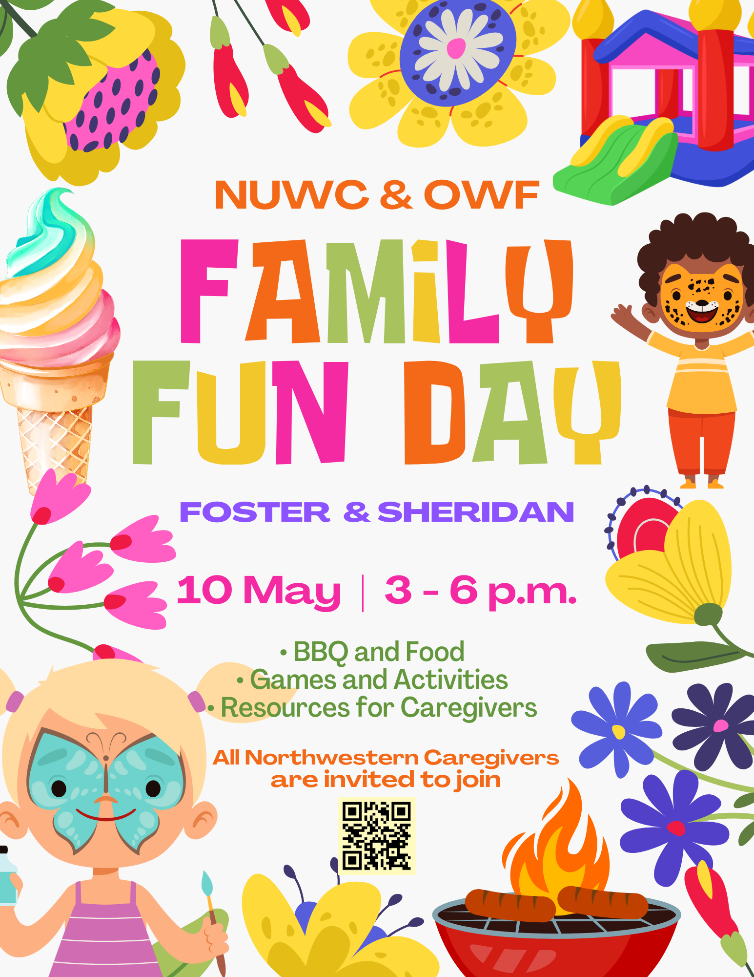 The flyer for family fun day is colorful and pictures children and bounce house all information is repeated below.. 